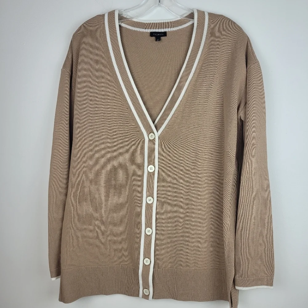 Talbot's girlfriend varsity tan cardigan white trim preppy normcore academia S - Picture 10 of 11